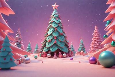 The primary subject of the image is a large, colorful, and intricately designed Christmas tree. The tree is adorned with various ornaments, including balls and stars, and is situated in a snowy environment. The setting appears to be a winter wonderland, with a purple sky and a few other trees in the background. The visual style of the image is a combination of digital art and illustration, creating a festive and magical atmosphere. The dominant colors in the image are purple, green, and white,